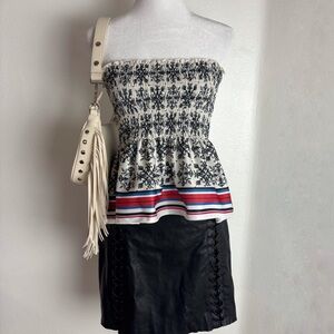 ZARA Smocked Strapless Peplum Scarf-Print Top – Size M